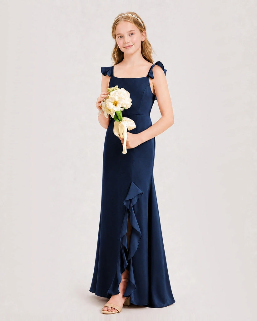 Navy blue satin mermaid junior bridesmaid dress Side View