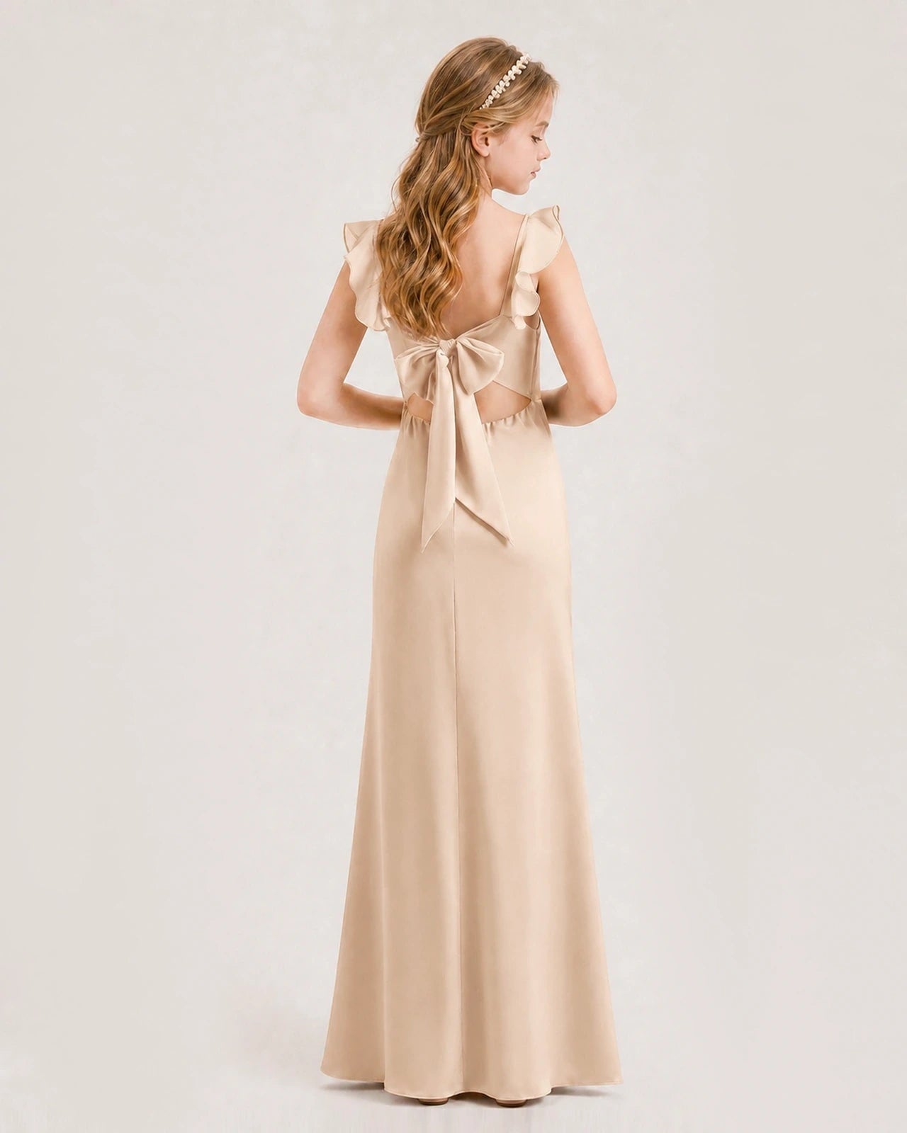 Peach Chiffon Bow Tie Back Junior Bridesmaid Dresses Back View