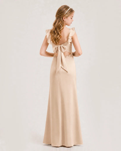 Peach Chiffon Bow Tie Back Junior Bridesmaid Dresses Back View