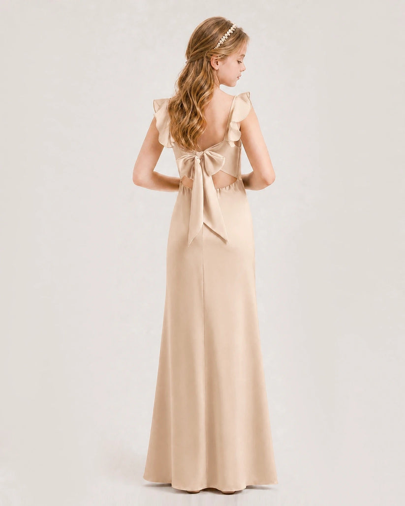 Peach Chiffon Bow Tie Back Junior Bridesmaid Dresses Back View