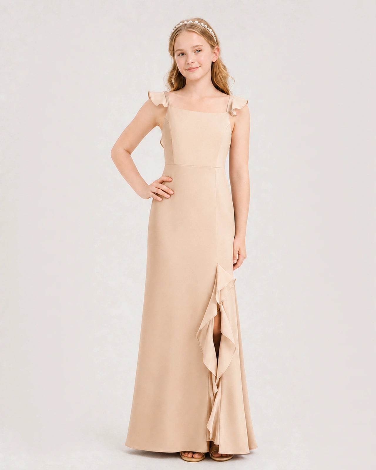 Peach Chiffon Ruffled Slit Junior Bridesmaid Dresses Front View