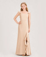 Peach Chiffon Ruffled Slit Junior Bridesmaid Dresses Front View