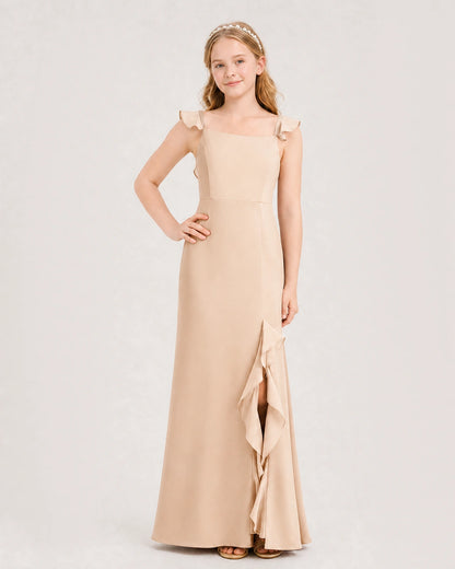 Peach Chiffon Ruffled Slit Junior Bridesmaid Dresses Front View