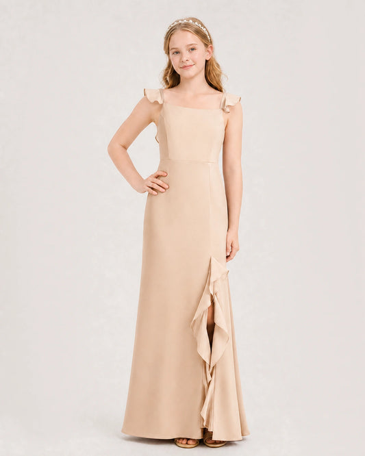 Peach Chiffon Ruffled Slit Junior Bridesmaid Dresses Front View