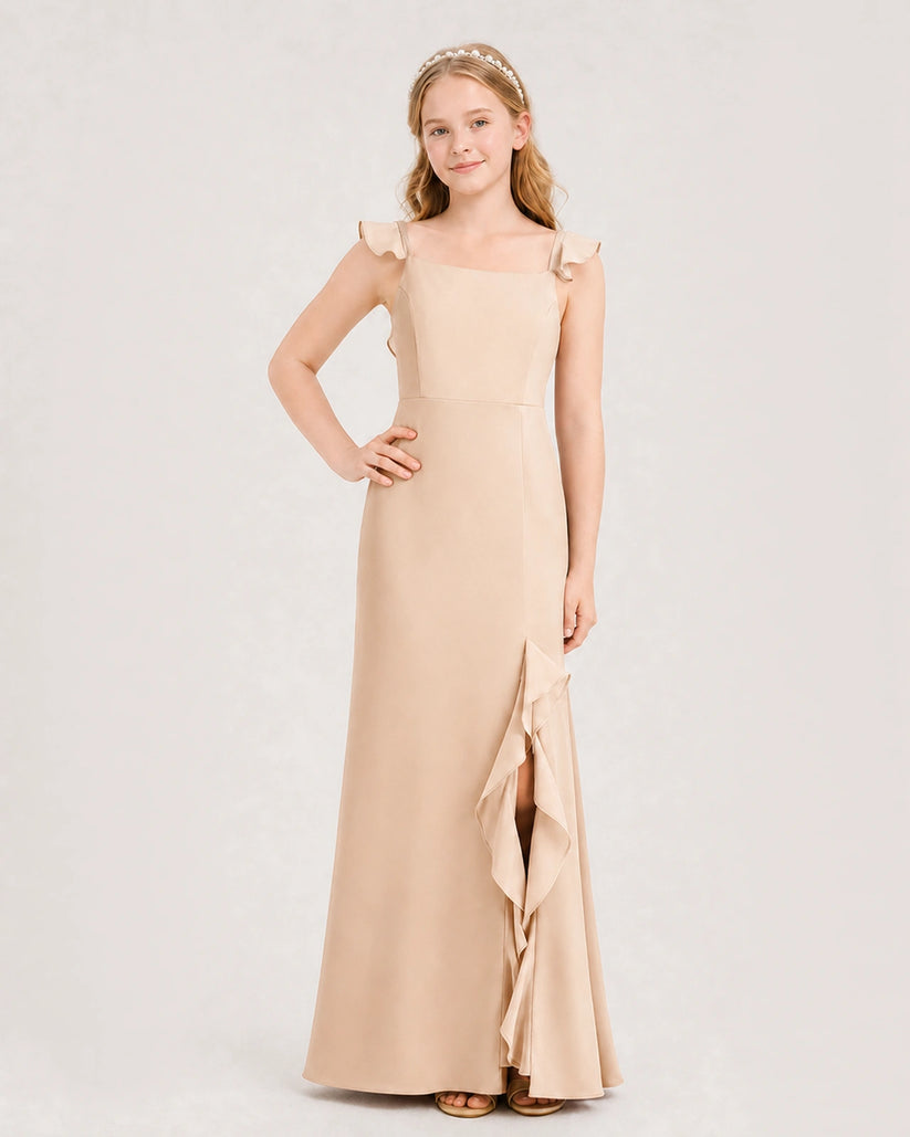 Peach Chiffon Ruffled Slit Junior Bridesmaid Dresses Front View