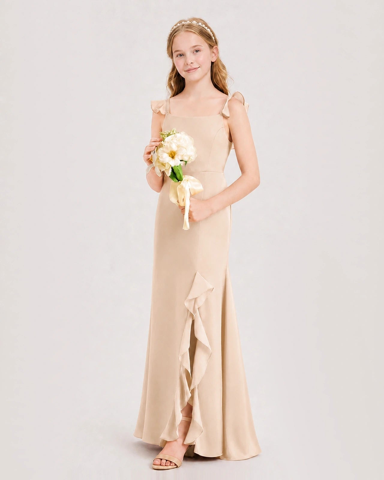 Peach Chiffon Ruffled Mermaid Junior Bridesmaid Dresses Side View