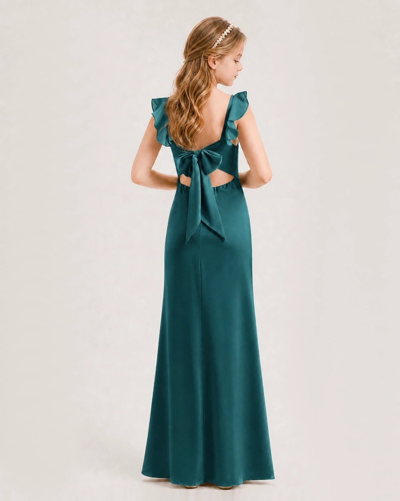 Peacock Chiffon Ruffle Back Junior Bridesmaid Dresses Back View