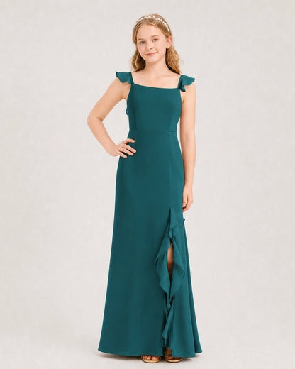 Peacock Chiffon Ruffled Slit Junior Bridesmaid Dresses Front View