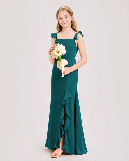 Peacock Chiffon Ruffled Slip Junior Bridesmaid Dresses Side View