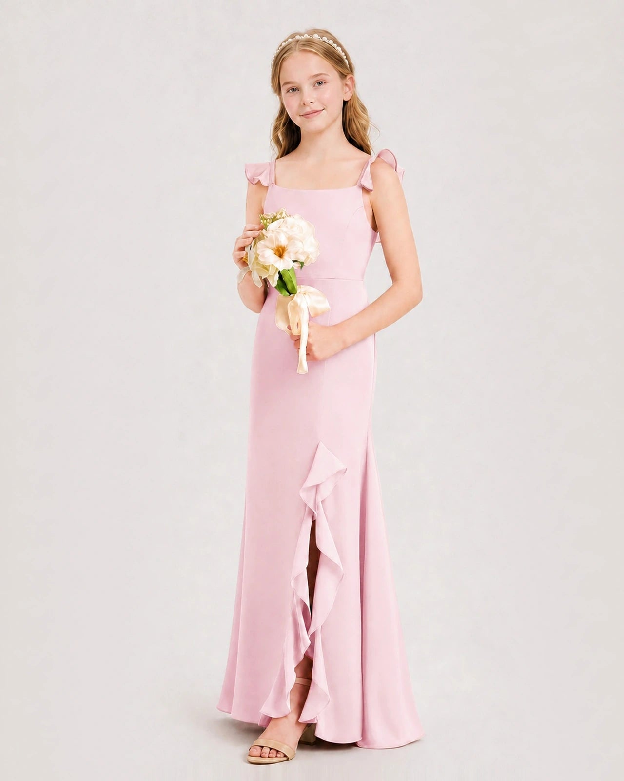 Pink Chiffon Slit Junior Bridesmaid Dresses Side View