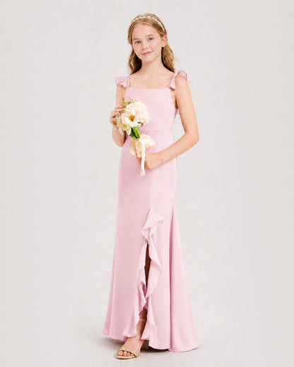 Pink Chiffon Slit Junior Bridesmaid Dresses Side View