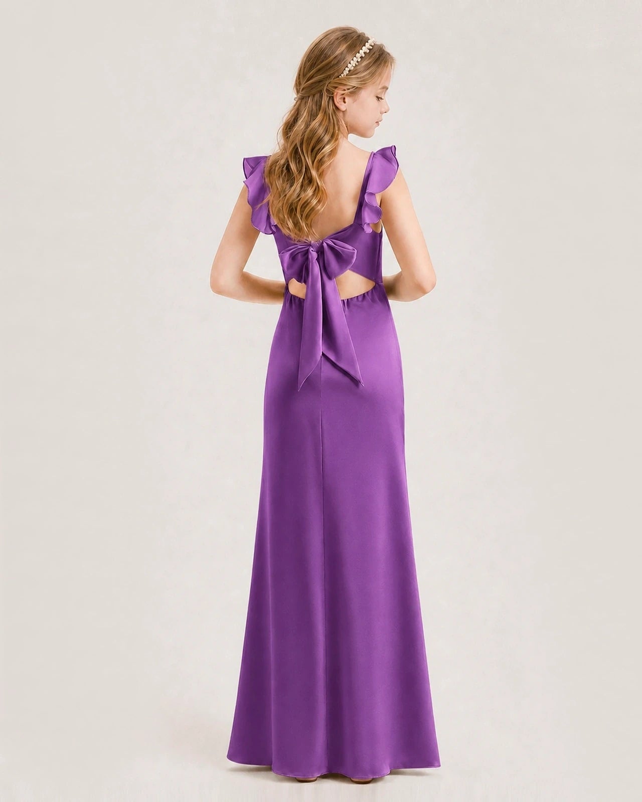 Purple Chiffon Ruffled Bow Junior Bridesmaid Dress Back View