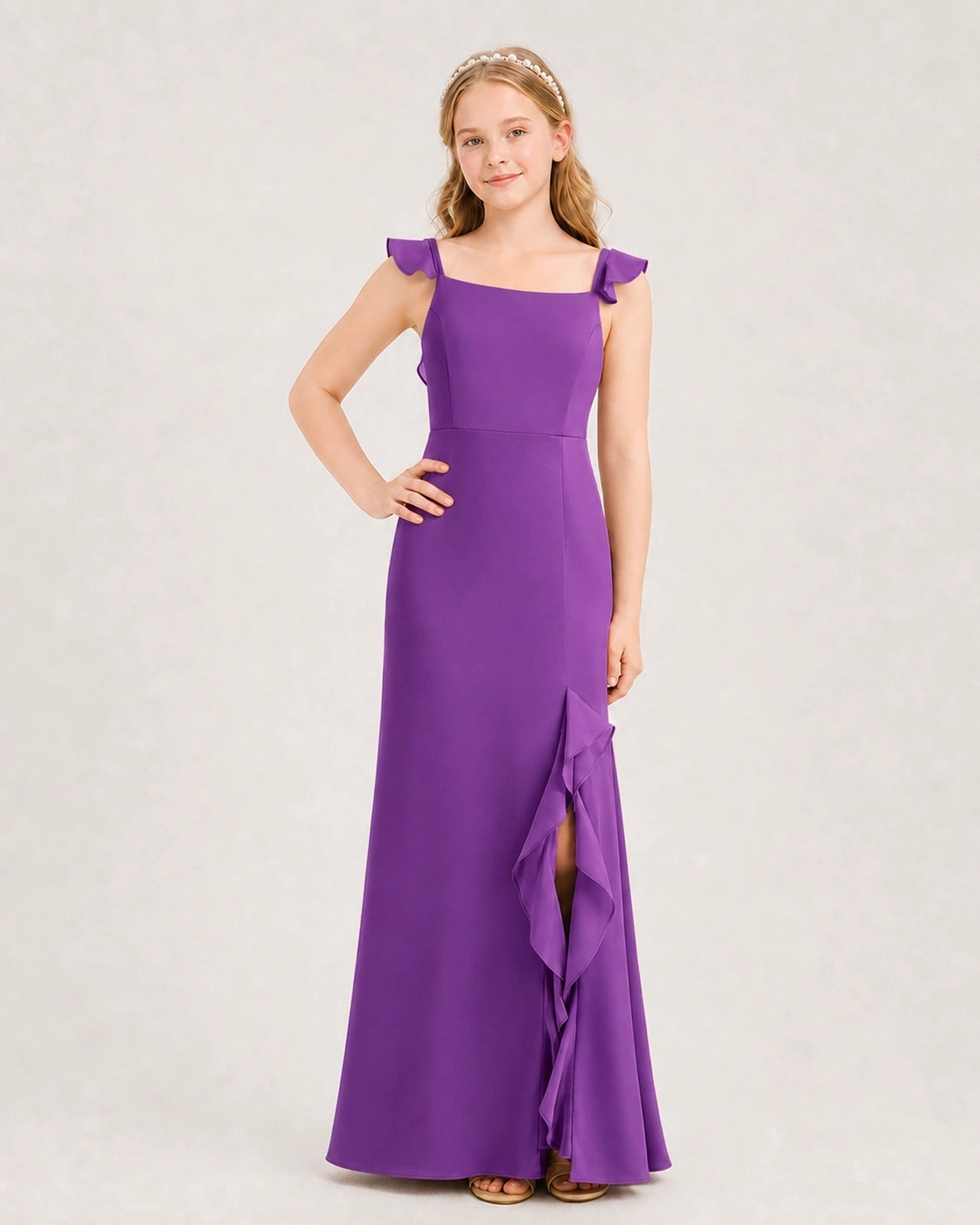 Purple chiffon ruffled square neck junior bridesmaid dress, front view
