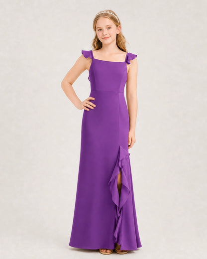 Purple chiffon ruffled square neck junior bridesmaid dress, front view