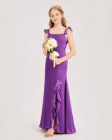 Purple Chiffon Ruffled Split Junior Bridesmaid Dresses Side View