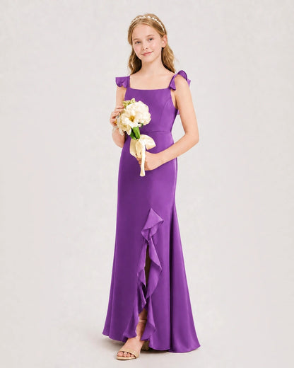 Purple Chiffon Ruffled Split Junior Bridesmaid Dresses Side View