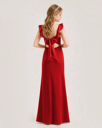 Red Chiffon A-Line Junior Bridesmaid Dresses Back View