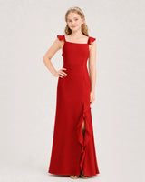 Red chiffon ruffle strap slit junior bridesmaid dresses Front View