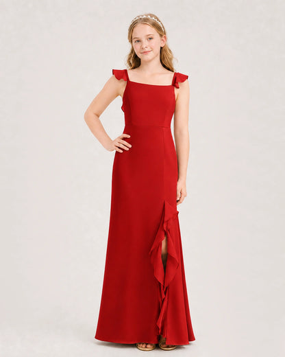 Red chiffon ruffle strap slit junior bridesmaid dresses Front View