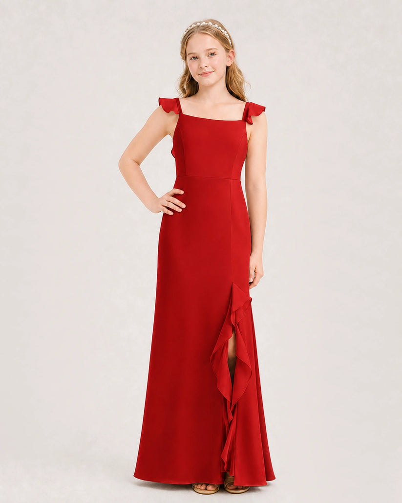 Red chiffon ruffle strap slit junior bridesmaid dresses Front View