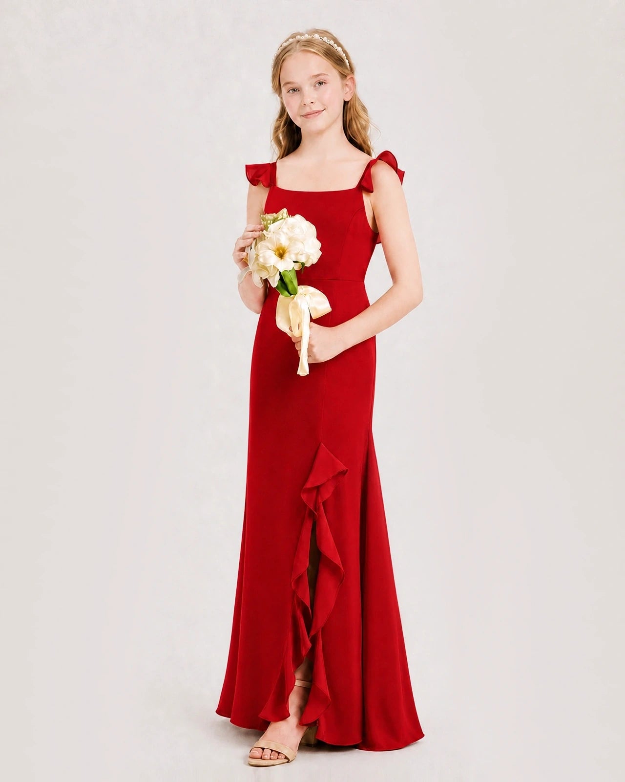 Red chiffon ruffle split junior bridesmaid dresses side view