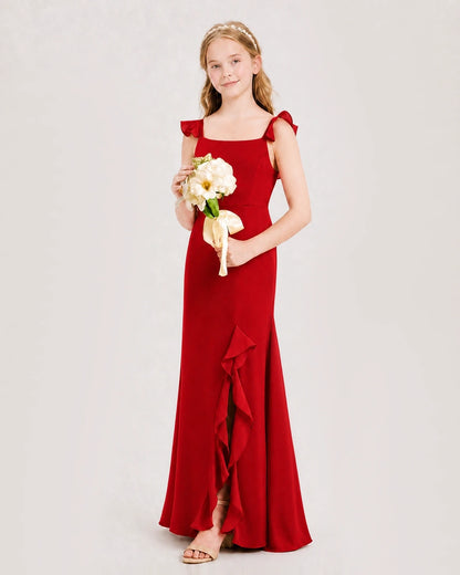 Red chiffon ruffle split junior bridesmaid dresses side view