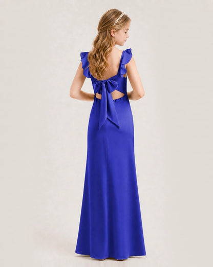 Royal Blue Chiffon Ruffled Bow Junior Bridesmaid Dress Back View