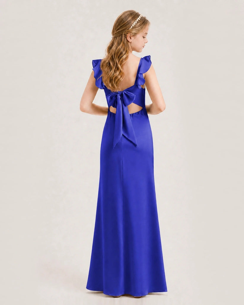 Royal Blue Chiffon Ruffled Bow Junior Bridesmaid Dress Back View