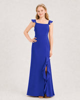 Royal Blue Chiffon Ruffled Strap Slit Junior Bridesmaid Dresses Front View