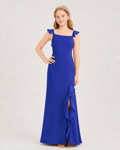 Royal Blue Chiffon Ruffled Strap Slit Junior Bridesmaid Dresses Front View