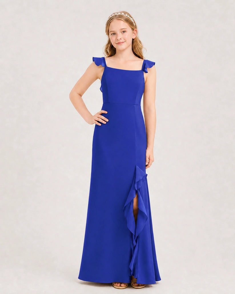 Royal Blue Chiffon Ruffled Strap Slit Junior Bridesmaid Dresses Front View