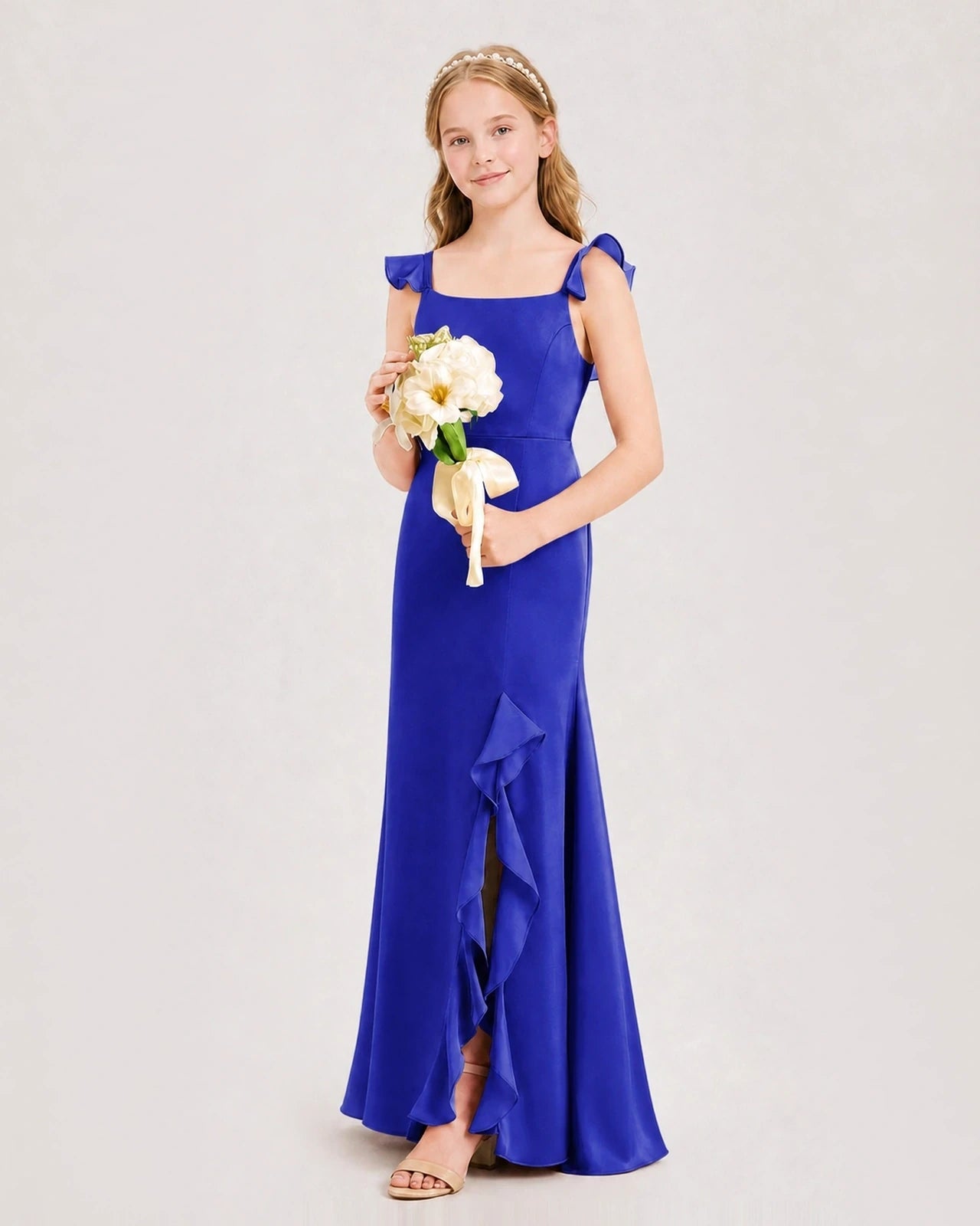 Royal Blue Chiffon Ruffled Mermaid Junior Bridesmaid Dresses Side View