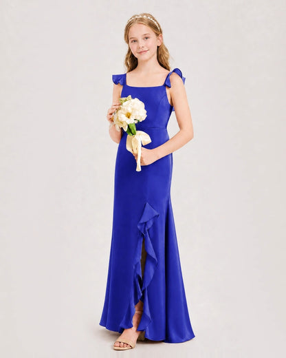 Royal Blue Chiffon Ruffled Mermaid Junior Bridesmaid Dresses Side View
