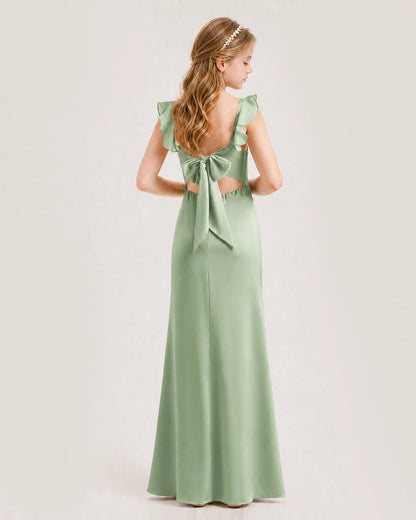 Sage Green Chiffon Ruffle-Strap Tie-Back Junior Bridesmaid Dresses Back View