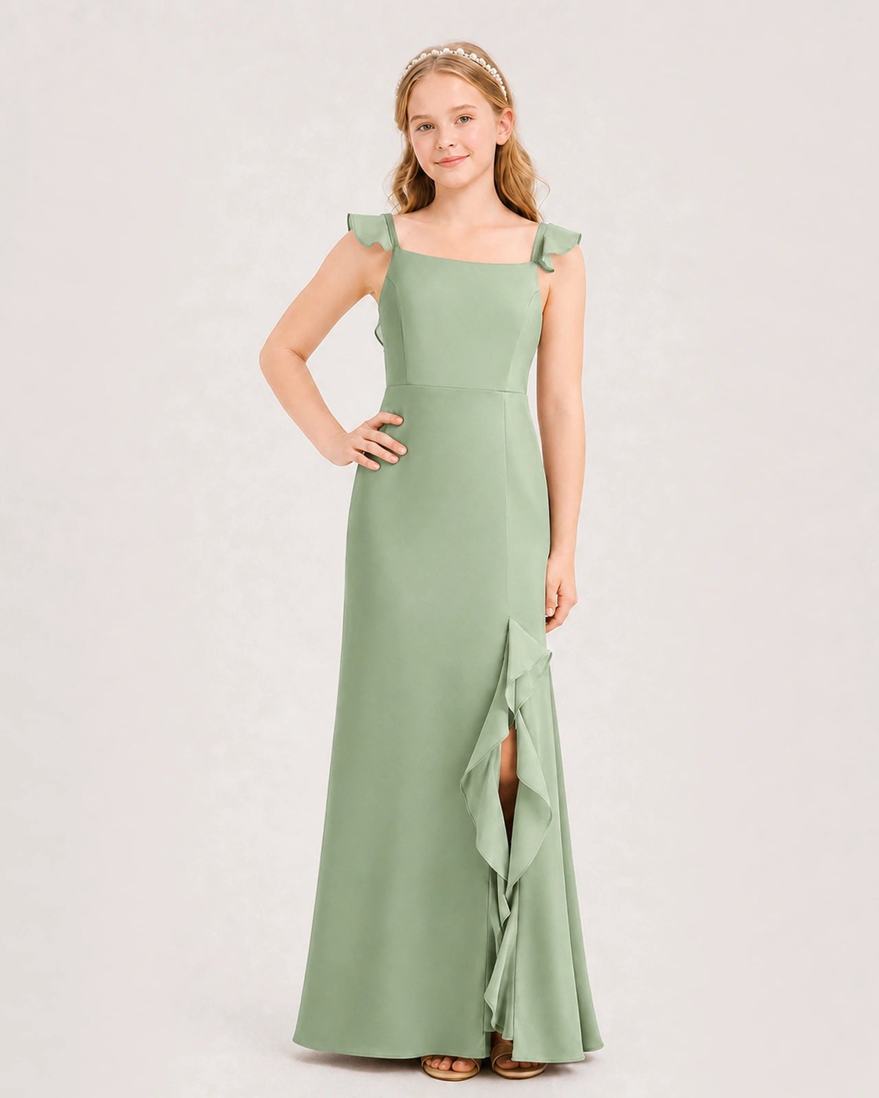Sage Green Chiffon Ruffle Strap Slit Junior Bridesmaid Dresses Front View