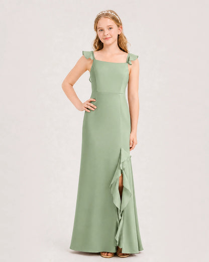 Sage Green Chiffon Ruffle Strap Slit Junior Bridesmaid Dresses Front View