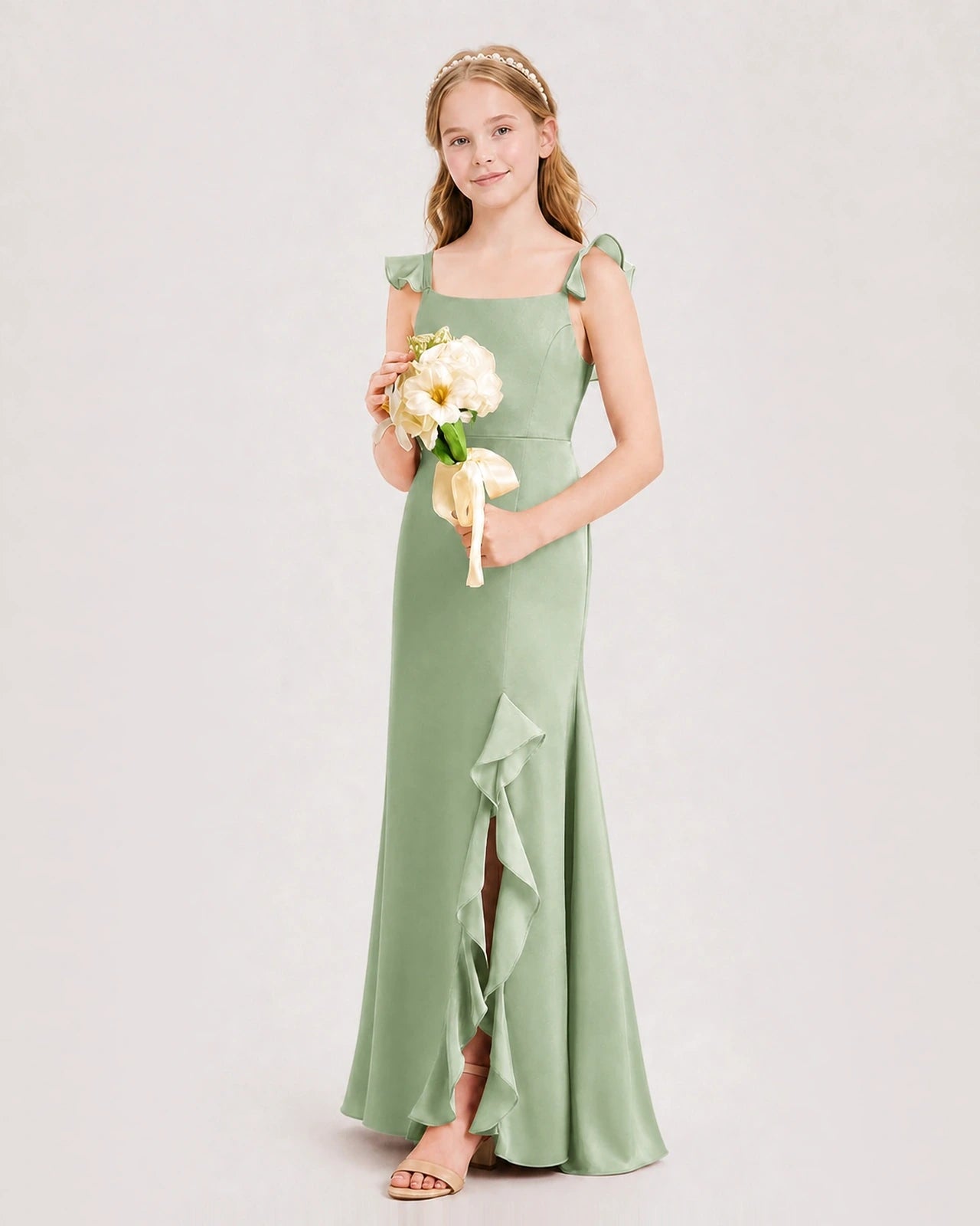 Sage Green Satin Spaghetti Strap Junior Bridesmaid Dresses Side View