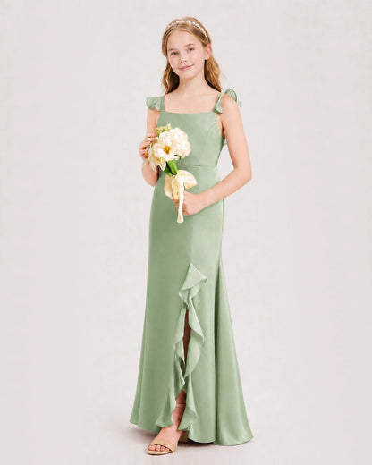 Sage Green Satin Spaghetti Strap Junior Bridesmaid Dresses Side View