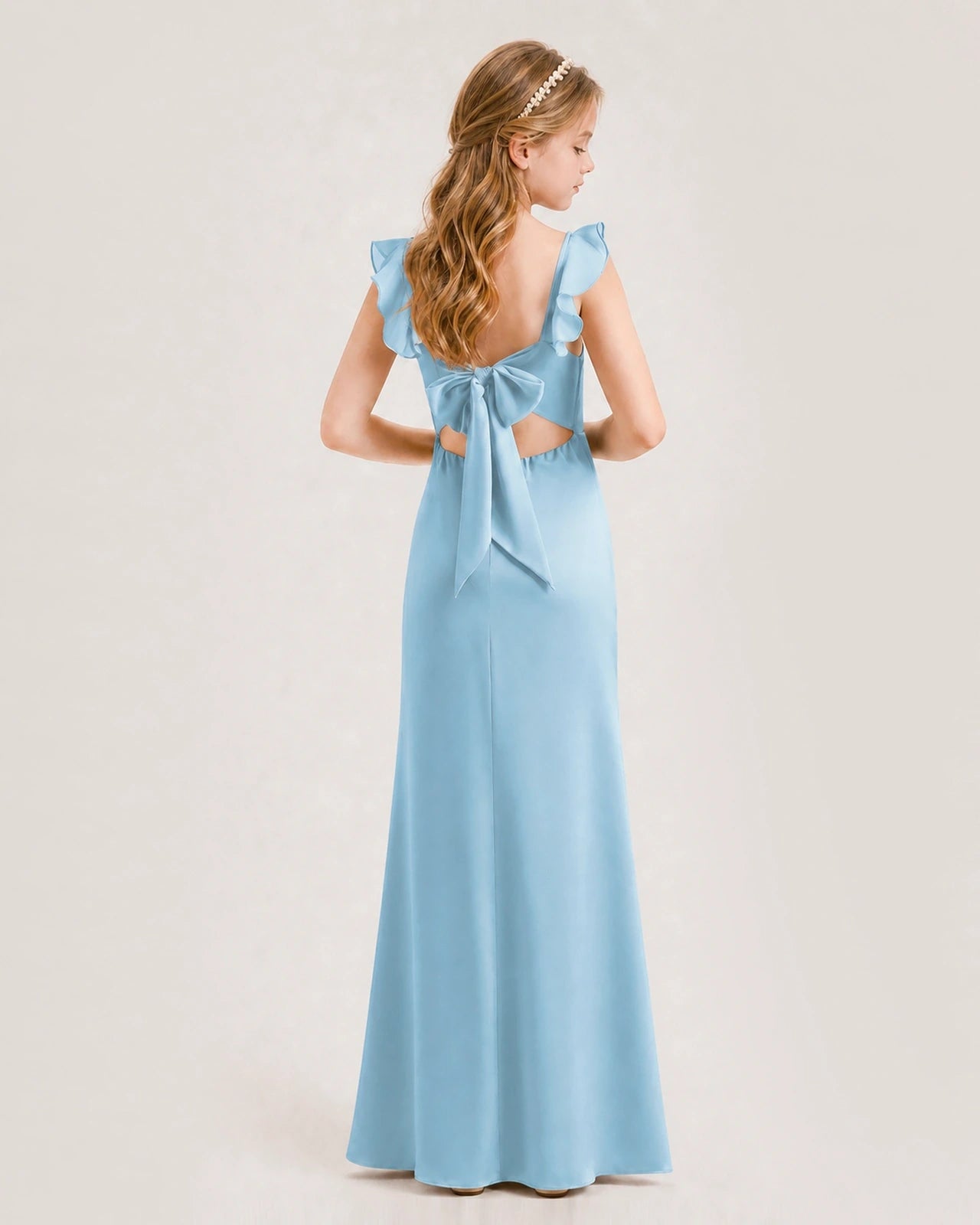 Sky Blue Chiffon Ruffled Bow Junior Bridesmaid Dress Back View