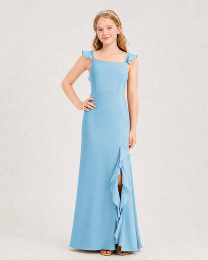 Sky Blue Chiffon Ruffled Split Junior Bridesmaid Dress Front View