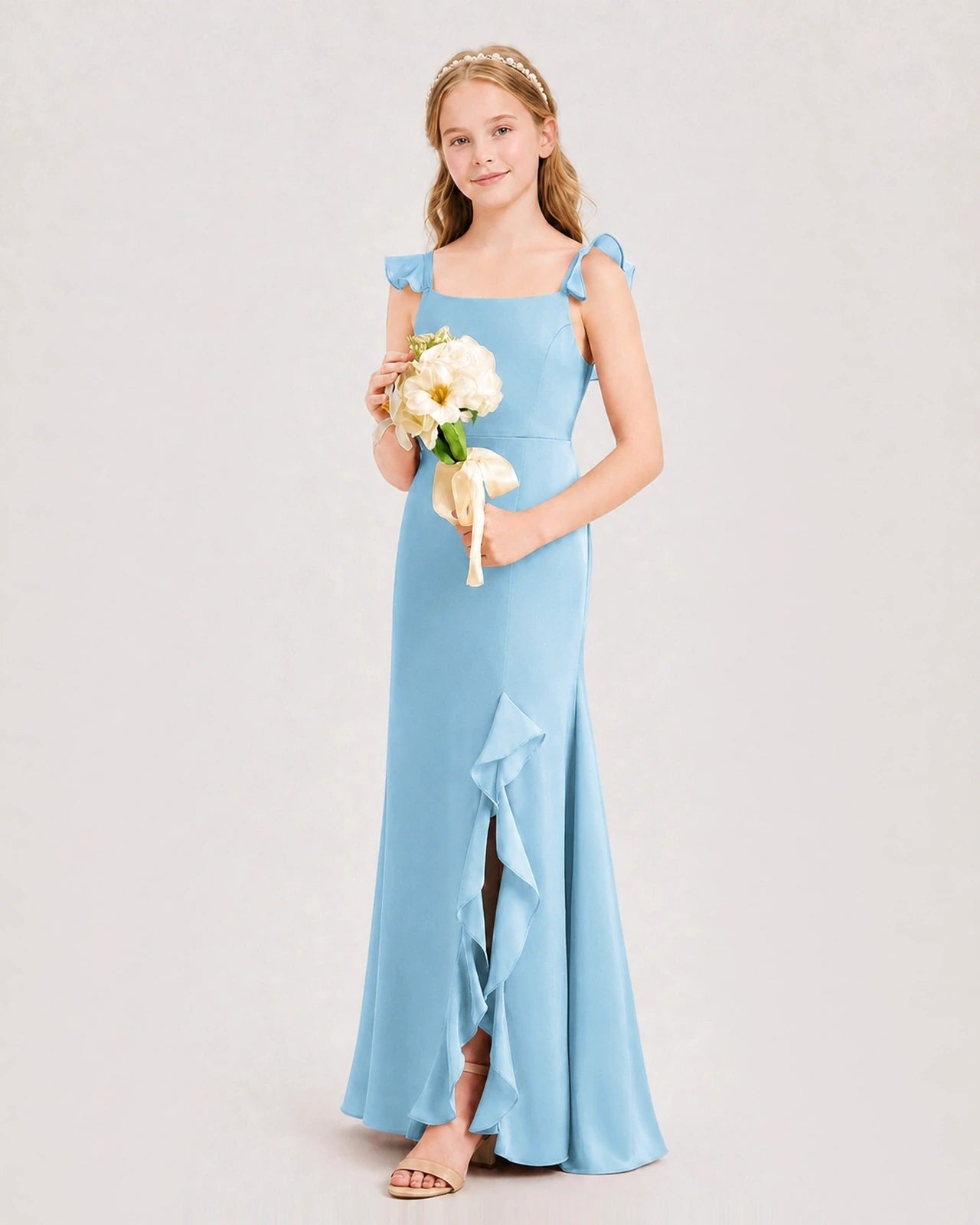 Sky Blue Chiffon Ruffled Slit Junior Bridesmaid Dresses Side View