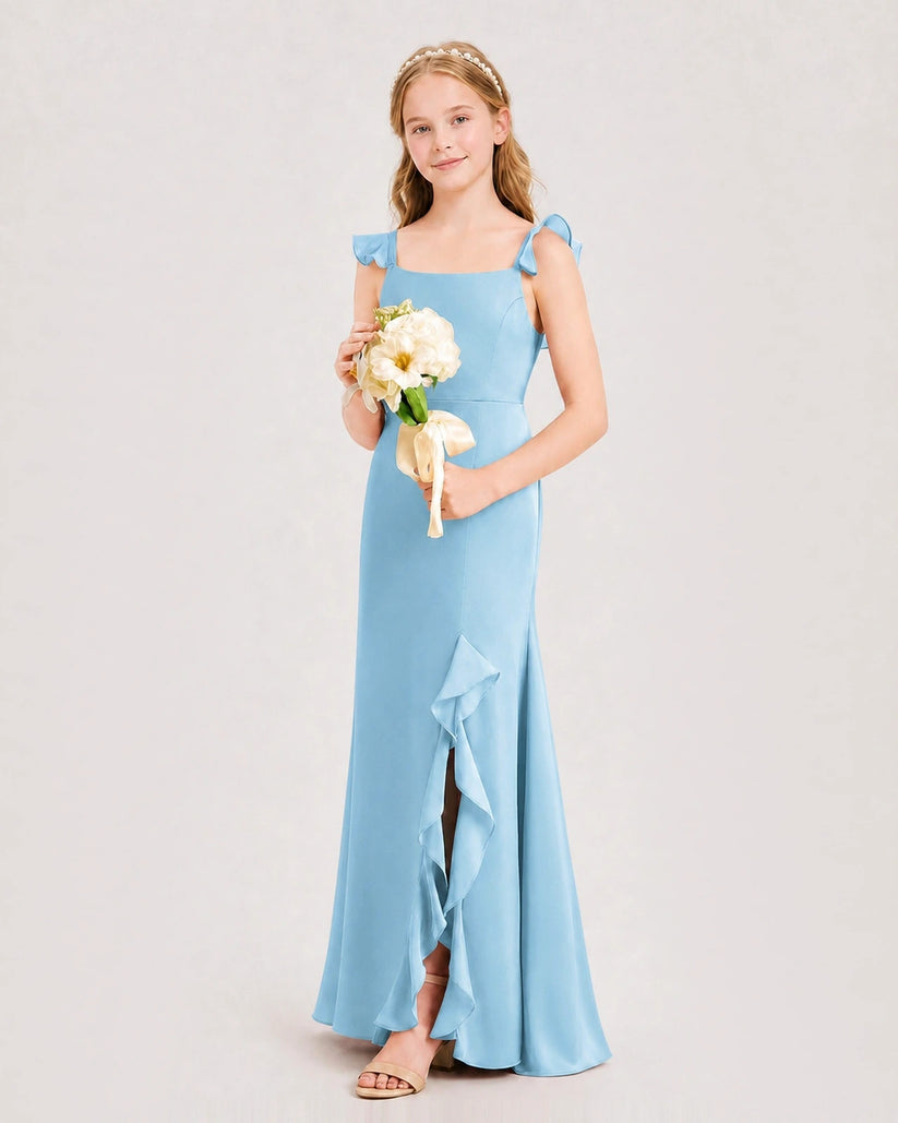 Sky Blue Chiffon Ruffled Slit Junior Bridesmaid Dresses Side View