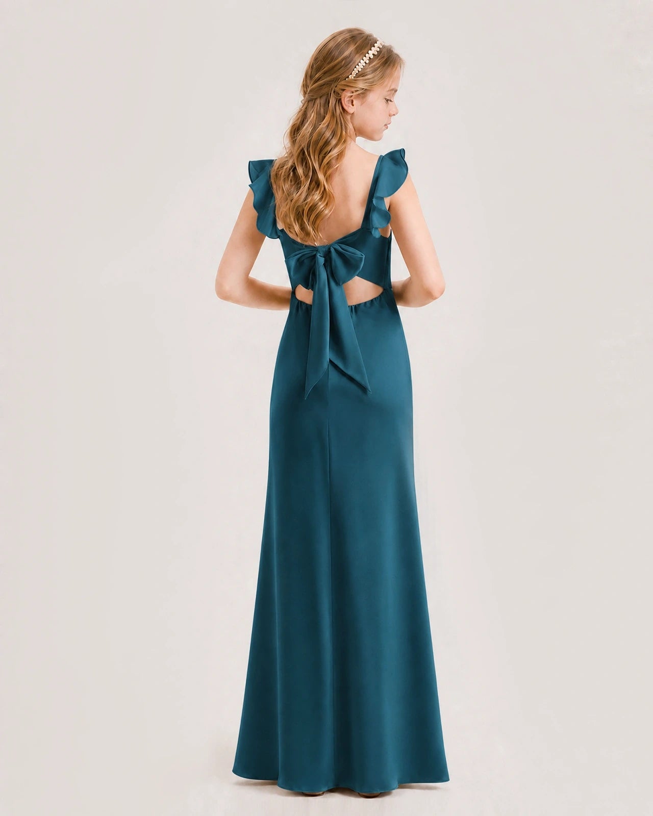 Teal Chiffon Ruffle-Shoulder Junior Bridesmaid Dress Back View