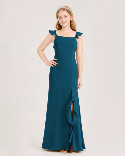 Teal Chiffon Ruffled Strap A-line Junior Bridesmaid Dresses Front View