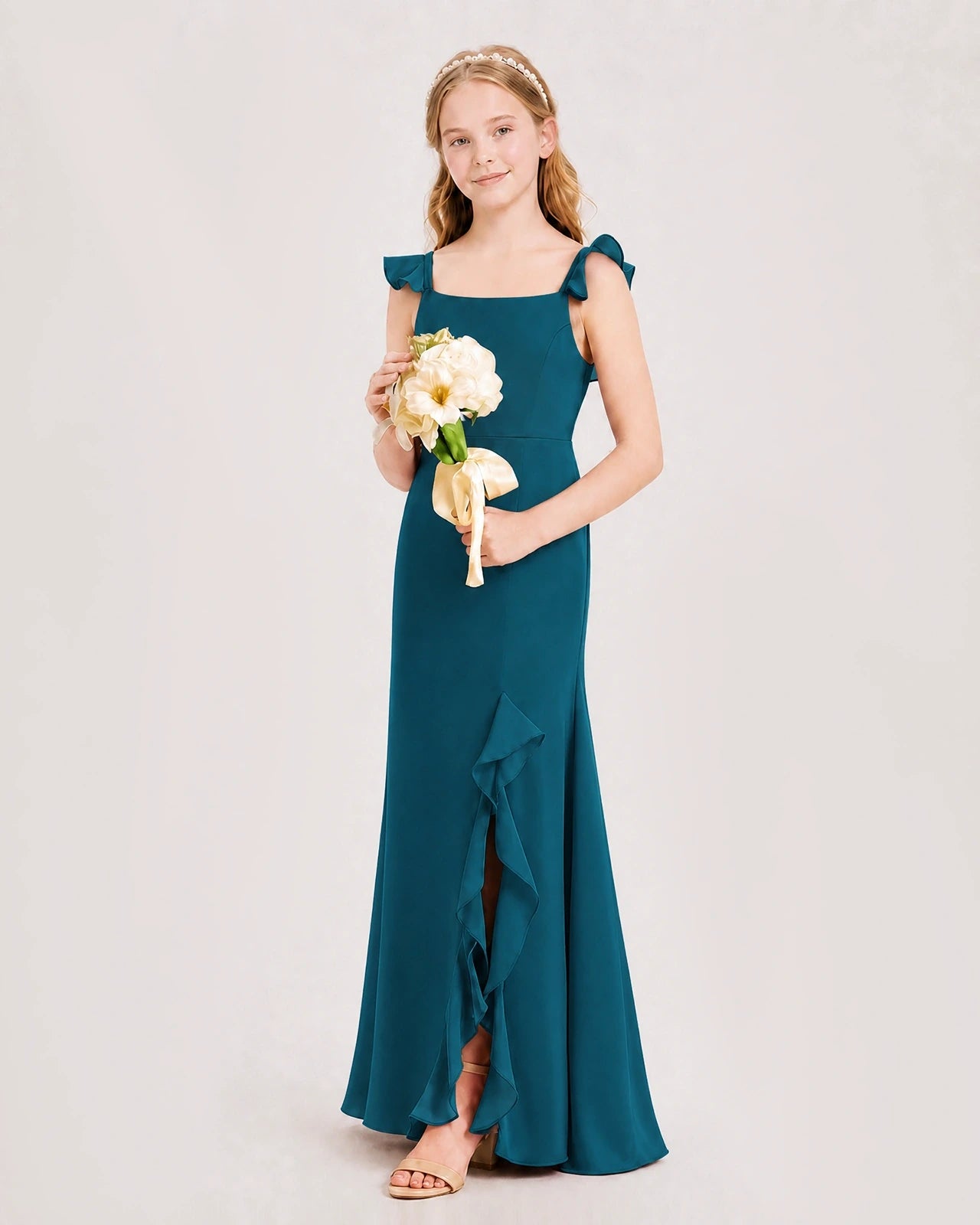 Teal chiffon ruffle slit junior bridesmaid dress side view