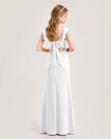White chiffon bow-back junior bridesmaid dress, back view