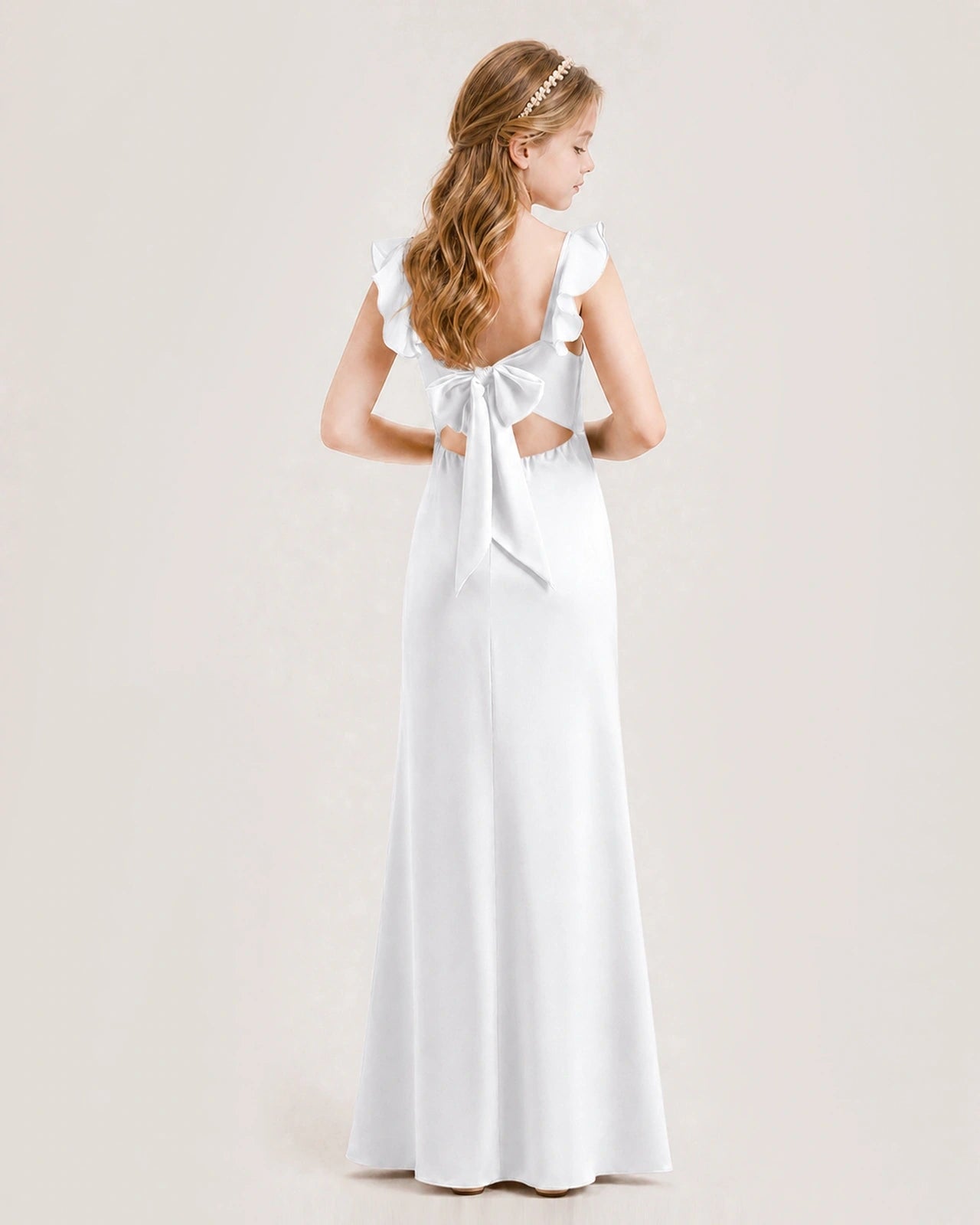 White chiffon bow-back junior bridesmaid dress, back view