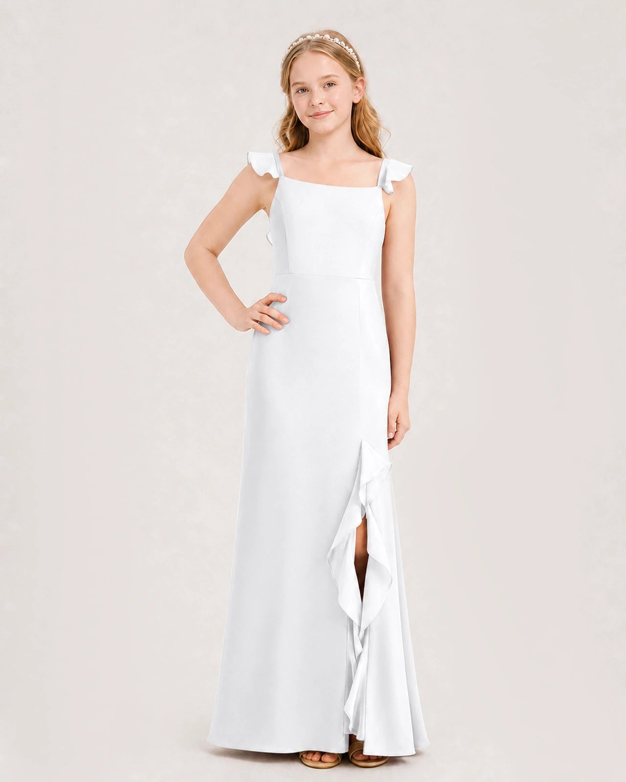 White Chiffon Ruffled Slit Junior Bridesmaid Dresses Front View