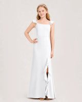 White Chiffon Ruffled Slit Junior Bridesmaid Dresses Front View