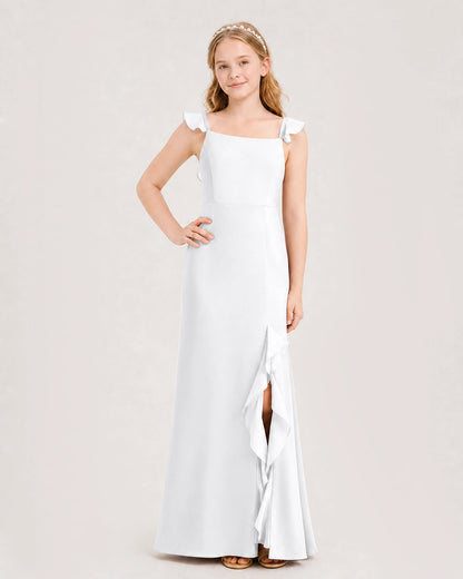 White Chiffon Ruffled Slit Junior Bridesmaid Dresses Front View